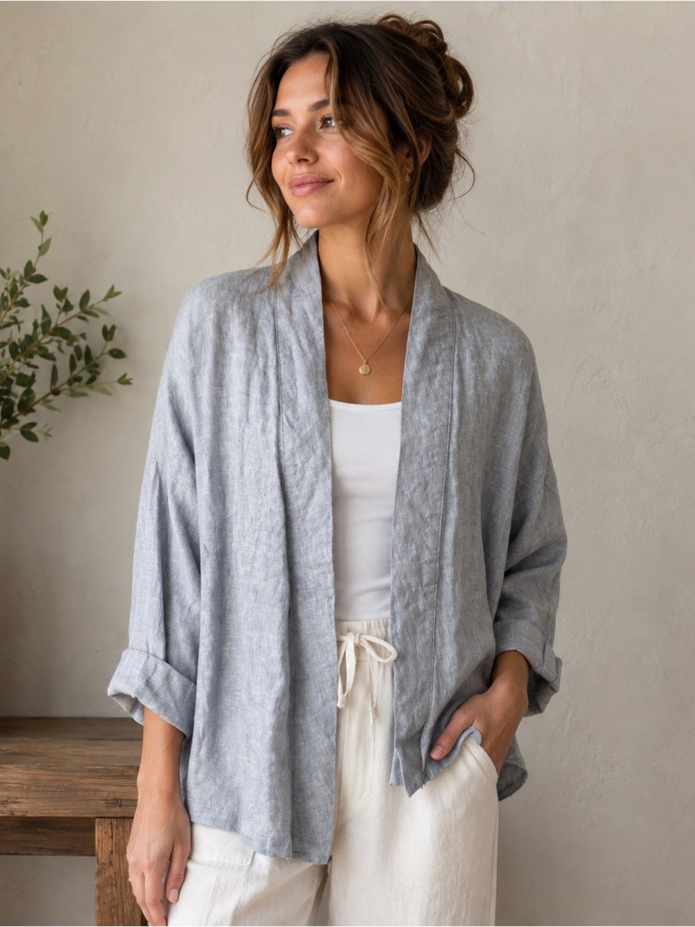 Andrea Jovine Women’s Blue Linen Kimono Cardigan Open Front Size Medium